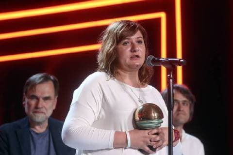 SOCHI, RUSSIA - JUNE 10, 2018: Director Natalia Meshchaninova, the winner of the Kinotavr Main Prize for the film Core of the World, at the closing ceremony of the 29th Kinotavr Film Festival. Vyacheslav Prokofyev TASS  TS0836E9