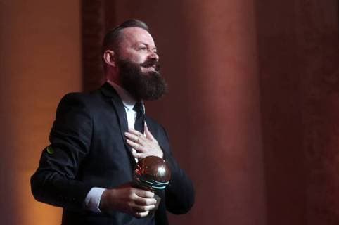 SOCHI, RUSSIA - JUNE 10, 2018: Director Grigory Konstantinopolsky, the winner of the Best Direction award for his film Russian Psycho, at the closing ceremony of the 29th Kinotavr Film Festival. Vyacheslav Prokofyev TASS  TS08378D