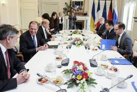 BERLIN, GERMANY - JUNE 11, 2018: Russia s Minister of Foreign Affairs Sergei Lavrov (2nd L), France s Minister for Europe and Foreign Affairs Jean-Yves Le Drian (3rd L), Germany s Minister of Foreign Affairs Heiko Maas (R), and Ukraine s Minister of Foreign Affairs Pavlo (Pavel) Klimkin (2nd R) at a meeting in the Normandy format to discuss the situation in Ukraine. Alexander Shcherbak TASS  TS0838D1