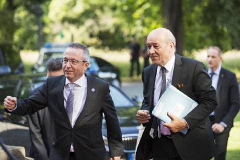 June 11, 2018 - Berlin, Germany - French Foreign Minister Jean-Yves Le Drian (R) arrives for talks in Normandy format on the situation in Ukraine at Villa Borsig in Berlin, Germany on June 11, 2018. Berlin Germany  - ZUMAn230 20180611_zaa_n230_742 Copyright: xEmmanuelexContinix