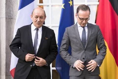 June 11, 2018 - Berlin, Germany - (R-L) German Foreign Minister Heiko Maas and French Foreign Minister Jean-Yves Le Drian are pictured during as they pose for a family photo before a meeting in Normandy format for talks on the situation in Ukraine at Villa Borsig in Berlin, Germany on June 11, 2018. Berlin Germany  - ZUMAn230 20180611_zaa_n230_752 Copyright: xEmmanuelexContinix