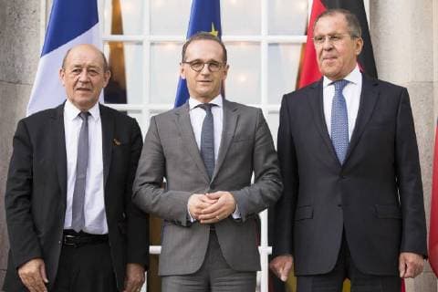 June 11, 2018 - Berlin, Germany - (L-R) French Foreign Minister Jean-Yves Le Drian, German Foreign Minister Heiko Maas and Russian Foreign Minister Sergei Lavrov are pictured during as they pose for a family photo before a meeting in Normandy format for talks on the situation in Ukraine at Villa Borsig in Berlin, Germany on June 11, 2018. Berlin Germany  - ZUMAn230 20180611_zaa_n230_758 Copyright: xEmmanuelexContinix