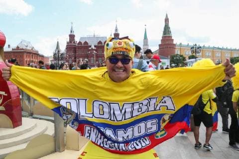 MOSCOW, RUSSIA - JUNE 13, 2018: A Colombian fan on the eve of the 2018 FIFA World Cup in Manezhnaya Square. Vyacheslav Prokofyev TASS  TS083D95