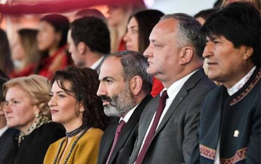 MOSCOW, RUSSIA â€“ JUNE 13, 2018: Bolivia s President Evo Morales, Moldova s President Igor Dodon, Armenia s Prime Minister Nikol Pashinyn with his wife Anna Akopyan, and Russia s Deputy Prime Minister Olga Golodets (R-L) watch a concert by opera stars ahead of the 2018 FIFA World Cup, at Moscow s Red Square. Alexei Nikolsky Russian Presidential Press and Information Office TASS  TS083F66