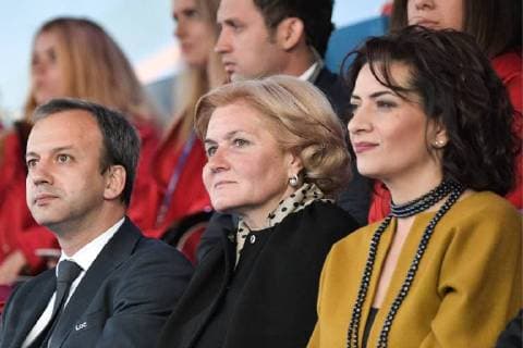 MOSCOW, RUSSIA â€“ JUNE 13, 2018: Russia 2018 Local Organizing Committee Chairman Arkady Dvorkovich, Russia s Deputy Prime Minister Olga Golodets, and Anna Akopyan, wife of the Armenian Prime Minister Nikol Pashinyn, from left, watch a concert by opera stars ahead of the 2018 FIFA World Cup, at Moscow s Red Square. Alexei Nikolsky Russian Presidential Press and Information Office TASS  TS083F6A