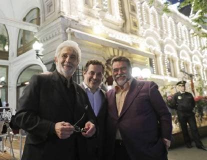MOSCOW, RUSSIA - JUNE 13, 2018: Spanish tenor Placido Domingo (L) and Mikhail Kusnirovich (R), head of Bosco di Ciliegi Group of Companies, attend a party after a concert by opera stars ahead of the 2018 FIFA World Cup, at the GUM Department Store. Mikhail Metzel TASS  TS084074