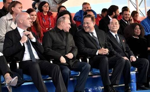 June 13, 2018. - Russia, Moscow. - Russian President Vladimir Putin and FIFA President Gianni Infantino (left) during the gala concert of the world opera stars marking the 2018 FIFA World Cup, on Red Square. From right: FIFA Secretary General Fatma Samoura, President of the Presidium of the Supreme People s Assembly of North Korea Kim Yong-nam and President of Panama Juan Carlos Varela. KremlinxPool 