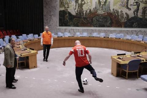 June 14, 2018 - New York, United States - United Nations, New York, USA, June 14 2018 - Security Council members, wearing the jerseys of their national teams, gathered in the chamber today to mark the opening of this year s FIFA World Cup today at the UN Headquarters in New York City. Vassily Nebenzia, Permanent Representative of the Russian Federation to the United Nations and President of the Security Council for the month of June, shows off some soccer skills. New York United States  - ZUMAn230 20180614_zaa_n230_1035 Copyright: xLuizxRampelottox