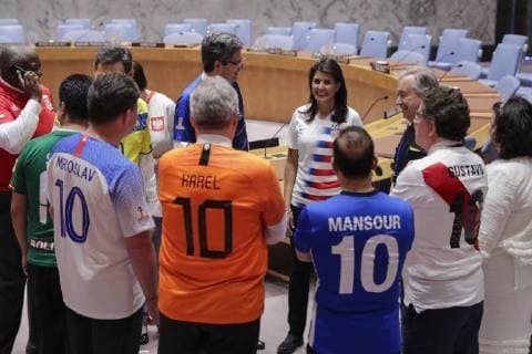 June 14, 2018 - New York, United States - United Nations, New York, USA, June 14 2018 - Security Council members, wearing the jerseys of their national teams, gathered in the chamber today to mark the opening of this year s FIFA World Cup today at the UN Headquarters in New York City. United States Ambassador Nikki Haley with US team jersey. New York United States  - ZUMAn230 20180614_zaa_n230_1039 Copyright: xLuizxRampelottox