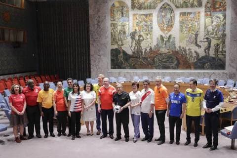 June 14, 2018 - New York, United States - United Nations, New York, USA, June 14 2018 - Security Council members, wearing the jerseys of their national teams, gathered in the chamber today to mark the opening of this year s FIFA World Cup today at the UN Headquarters in New York City. .Secretary-General Antonio Guterres pose for a group photo with Council members, including Vassily Nebenzia, Permanent Representative of the Russian Federation to the United Nations and President of the Security Council for the month of June. New York United States  - ZUMAn230 20180614_zaa_n230_1038 Copyright: xLuizxRampelottox