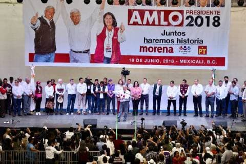 June 18, 2018 - EUM20180618POL07.JPG.MEXICALI, B.C.- Election Elecciones-AMLO.- 18 de junio de 2018.- El candidato de la coalicion Juntos Haremos Historia, Andres Manuel Lopez Obrador, durante un acto de campana ante simpatizantes, en el marco de su cierre de campana regional en esta ciudad. Foto: Agencia EL UNIVERSAL RCC.  - ZUMAu78_ 20180618_zaf_u78_542 Copyright: xValentexRosasx