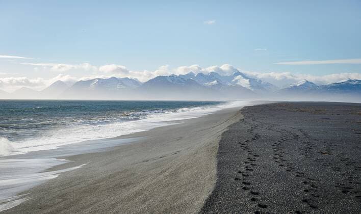 Schwarzer Sandstrand mit Spuren, Lavastrand, schneebedeckte Berge, Hvalnes Nature Reserve, Südisland, Island, Europa Copyright: imageBROKER/MoritzxWolf ibxmmw04696154.jpg