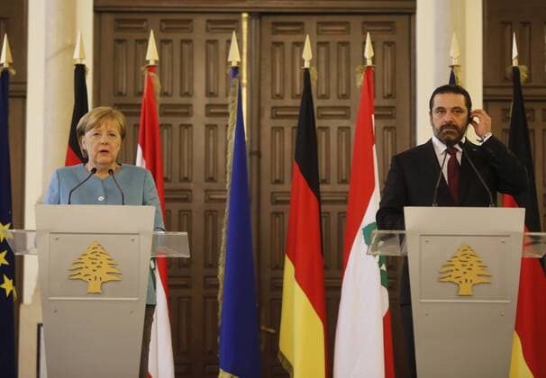 (180622) -- BEIRUT, June 22, 2018 -- Visiting German Chancellor Angela Merkel (L) attends a joint press conference with Lebanese Prime Minister Saad Hariri at the Grand Serail in Beirut, Lebanon, June 22, 2018. ) (dtf) LEBANON-GERMANY-DIPLOMACY BilalxJawich 