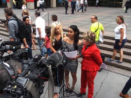 June 22, 2018 - New York, New York, U.S. - Former Houston Texans Cheerleader Angelina Rosa sues the National Football League(NFL). Lawyer Gloria Allred holds a press conference in front of NFL Headquarters in New York City.Gloria Allred (right), Angelina Rosa (middle) Hannah Turnbow .(left) New York U.S. - ZUMAct2_ 20180622_zaf_ct2_093 Copyright: xBrucexCotlerx