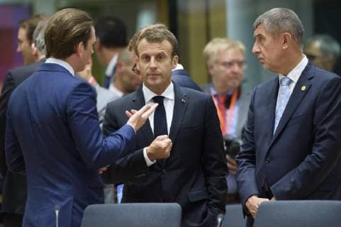 Austrian Minister of Foreign Affairs Sebastian Kurz, President of France Emmanuel Macron and Czech Republic Prime Minister Andrej Babis pictured during an EU summit meeting, Thursday 28 June 2018, at the European Union headquarters in Brussels.  POOLxCHRITOPHExLICOPPE 05373750