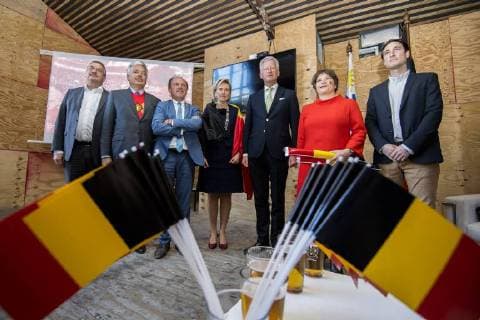 Walloon vice-minister president and minister of Economy, Employment and Formation Pierre-Yves Jeholet, Vice-Prime Minister and Foreign Minister Didier Reynders, Flemish Minister of Employment, Economy, Innovation, Science Policy and Sports Philippe Muyters, Princess Astrid of Belgium, State Secretary for Foreign Trade Pieter De Crem, Brussels region State Secretary Cecile Jodogne and Mercado Ferrando Maxime Degroote pictured during a screening of the soccer game between Belgian national soccer team the Red Devils and England at the World Cup, on the fourth day of a Belgian Economic mission, Thursday 28 June 2018 in Montevideo, Uruguay. Several federal and regional ministers accompany the princess on a week-long economic mission to Argentina and Uruguay. LAURIExDIEFFEMBACQ 05374062