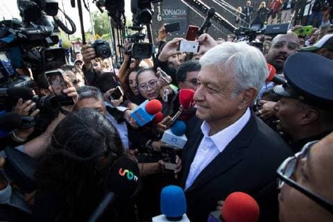 (180701) -- MEXICO CITY, July 1, 2018 -- Andres Manuel Lopez Obrador, presidential candidate for the coalition Together We Will Make History , is interviewed by media at a polling station during the presidential elections, in Mexico City, capital of Mexico, on July 1, 2018. Mexican electoral authorities on Sunday gave the green light for the country to begin the largest presidential elections in its history, with over 89 million eligible voters. Francisco Canedo) (ce) MEXICO-MEXICO CITY-PRESIDENTIAL ELECTION-VOTE e FranciscoxCanedo 