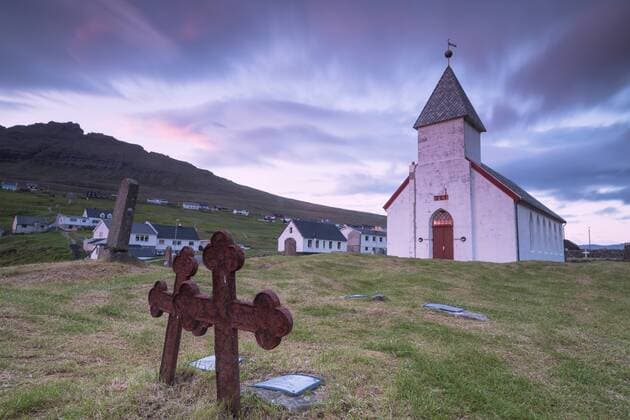 Church of Vidareidi and graveyard, Vidoy Island, Faroe Islands, Denmark, Europe Copyright: RobertoxMoiola 1179-3109
