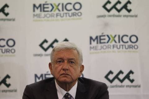 Mexico s President-elect, proggressive Andres Manuel Lopez Obrador speaks after a meeting with President of the Business Coordination Council Juan Pablo Castanon (out of frame), in Mexio City, Mexico, 04 July 2018. Obrador remarked the mutual confidence achieved after the meeting that will guarantee a harmonious transformation in the country. Lopez Obrador remarks mutual confidence with bussinessmen after meeting !ACHTUNG: NUR REDAKTIONELLE NUTZUNG!  Copyright: xSashenkaxGutierrezx MEX03 20180704-636663317041062469