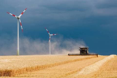 Erfurt OT Frienstedt , 050718 , Landwirtschaft , Gerstenernte beginnt früher als gewöhnlich Im Bild: Ein Gerstenfeld bei Erfurt wird von einem Mähdrescher New Holland CR10.90 gedroschen, Nach wochenlanger Trockenheit ziehen zur Ernte dunkle Wolken auf