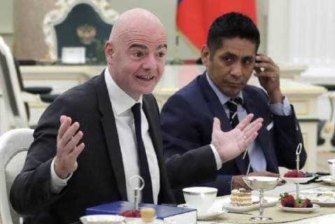 MOSCOW, RUSSIA â€“ JULY 6, 2018: FIFA President Gianni Infantino (L) and retired Mexican footballer Jorge Campos Navarrete at a meeting of Russian President Vladimir Putin with football stars at the Moscow Kremlin. Mikhail Metzel TASS  TS088224