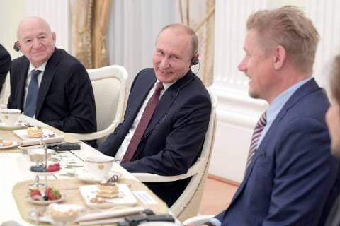 MOSCOW, RUSSIA â€“ JULY 6, 2018: Russian Football Union Vice President Nikita Simonyan, Russia s President Vladimir Putin, and retired Danish footballer Peter Schmeichel (L-R) meet with football stars at the Moscow Kremlin.Alexei Druzhinin Russian Presidential Press and Information Office TASS  TS088265