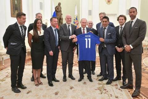 MOSCOW, RUSSIA – JULY 6, 2018: Retired Croatian footballer Zvonimir Boban, retired English footballer Alexandra Scott, former German footballer Lothar Matthaus, President Gianni Infantino, Russia s President Vladimir Putin, Russian Football Union Vice President Nikita Simonyan, retired Danish footballer Peter Schmeichel, retired Mexican footballer Jorge Campos Navarrete, Uruguayan footballer Diego Forlan, and retired English footballer Rio Ferdinand (L-R) pose for a group photo after a meeting at the Moscow Kremlin. Alexei Druzhinin Russian Presidential Press and Information Office TASS TS088280