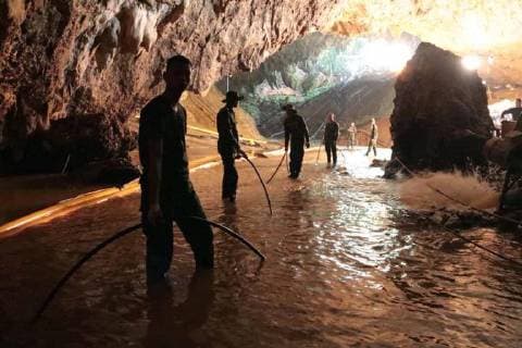 Members of the Royal Thai Navy along with volunteers from England, the United States, Australia, and China, are pictured as they prepare to rescue 12 schoolboys, members of a local soccer team, and their coach, from the Tham Luang Cave network in Northern Thailand. Two British volunteer divers found the missing boys Monday after a nine-day search.  WAX2018070703 ROYALxTHAIxNAVY