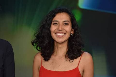 Preisträgerin Andrea Munoz Schnitt für Er Sie Ich (Nachwuchspreis) posiert am 07.07.2018 in Köln bei einem Fototermin zur Verleihung des 28. Deutschen Kamerapreis in Köln.