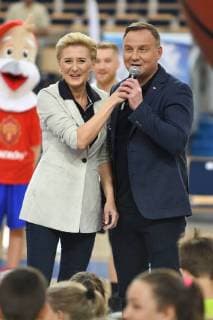 Poland s First Couple Andrzej Duda and Agata Kornhauser-Duda visit 11th edition of Summer Marcin Gortat Camp in Lodz Poland s First Couple Andrzej Duda and Agata Kornhauser-Duda visit 11th edition of Summer Marcin Gortat Camp on July 09, 2018 in Lodz, Poland. EN_01328715_0037 
