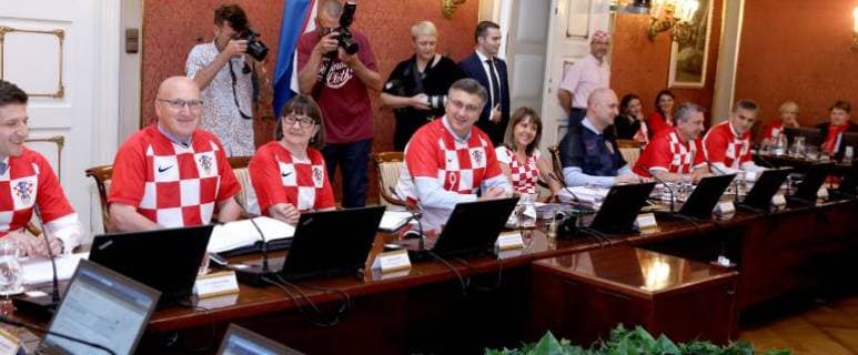Croatian government in jerseys 12.07.2018. Zagreb, Croatia - Prime minister Andrej Plenkovic and other ministers during session of the government of the republic of Croatia dressed in Croatian national football team jersey after winning the match against England in semi-finals in Russia.  PatrikxMacek PIXSELL