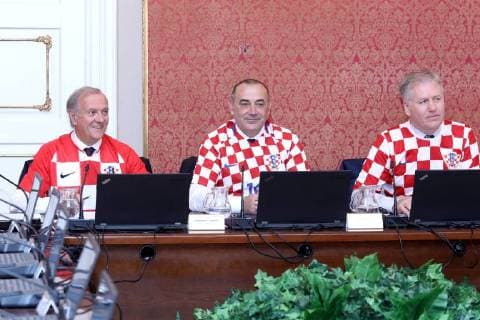 Croatian government in jerseys 12.07.2018. Zagreb, Croatia - Prime minister Andrej Plenkovic and other ministers during session of the government of the republic of Croatia dressed in Croatian national football team jersey after winning the match against England in semi-finals in Russia.  PatrikxMacek PIXSELL
