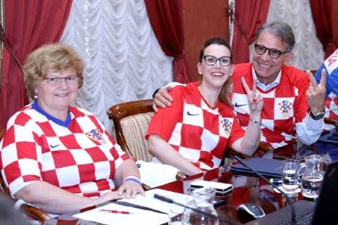 Croatian government in jerseys 12.07.2018. Zagreb, Croatia - Prime minister Andrej Plenkovic and other ministers during session of the government of the republic of Croatia dressed in Croatian national football team jersey after winning the match against England in semi-finals in Russia.  PatrikxMacek PIXSELL