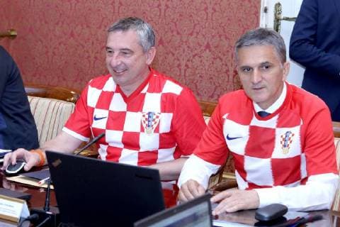 Croatian government in jerseys 12.07.2018. Zagreb, Croatia - Prime minister Andrej Plenkovic and other ministers during session of the government of the republic of Croatia dressed in Croatian national football team jersey after winning the match against England in semi-finals in Russia.  PatrikxMacek PIXSELL