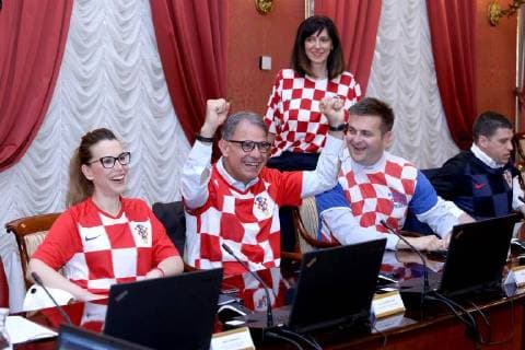 Croatian government in jerseys 12.07.2018. Zagreb, Croatia - Prime minister Andrej Plenkovic and other ministers during session of the government of the republic of Croatia dressed in Croatian national football team jersey after winning the match against England in semi-finals in Russia.  PatrikxMacek PIXSELL