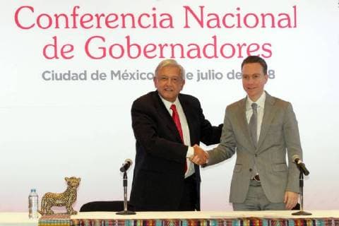 July 12, 2018 - EUM20180712NAC36.JPG.CIUDAD DE MEXICO.- Transition Transicion-AMLO.- Andres Manuel Lopez Obrador, virtual presidente de Mexico y Manuel Velasco, gobernador de Chiapas y presidente de la Conago, en conferencia de prensa, al termino de la reunion con los mandatarios estatales en el Colegio de Ingenieros Civiles, este jueves 12 de julio de 2018. Foto: Agencia EL UNIVERSAL Carlos Mejia RCC. Copyright: xCarlosxMejia ElxUniversalx