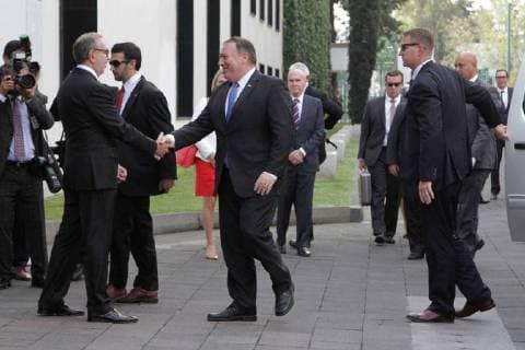 July 13, 2018 - EUM20180713NAC02.JPG.CIUDAD DE MEXICO, Meeting Reunion-Mexico-Pompeo.- El secretario de Estado de Estados Unidos, Mike Pompeo (corbata azul), es recibido por Carlos Manuel Sada, Subsecretario para America del Norte, en su llegada a Los Pinos, previo a una reunion con el presidente de la Republica, Enrique Pena Nieto. . Foto: Agencia EL UNIVERSAL Carlos Mejia MAR.  - ZUMAu78_ 20180713_zaf_u78_009 Copyright: xCarlosxMejia ElxUniversalx