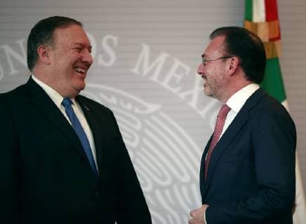The Secretary of Foreign Affairs of Mexico, Luis Videgaray (R), and the US Secretary of State, Mike Pompeo (L), offer a joint press conference at the headquarters of the Mexican chancellery, in Mexico City, Mexico, 13 July 2018. A delegation headed by Pompeo visits Mexico on Friday to meet with current President Enrique Pena Nieto and future President Andres Manuel Lopez Obrador, in what is the first face-to-face approach of a leftist leader with the United States Government. US delegation headed by Pompeo visits Mexico !ACHTUNG: NUR REDAKTIONELLE NUTZUNG!  Copyright: xJosexMendezx CMX01 20180713-636671202730047967