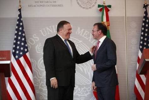 The Secretary of Foreign Affairs of Mexico, Luis Videgaray (R), and the US Secretary of State, Mike Pompeo (L), offer a joint press conference at the headquarters of the Mexican chancellery, in Mexico City, Mexico, 13 July 2018. A delegation headed by Pompeo visits Mexico on Friday to meet with current President Enrique Pena Nieto and future President Andres Manuel Lopez Obrador, in what is the first face-to-face approach of a leftist leader with the United States Government. US delegation headed by Pompeo visits Mexico !ACHTUNG: NUR REDAKTIONELLE NUTZUNG!  Copyright: xJosexMendezx CMX01 20180713-636671203367114084
