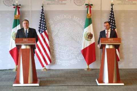 July 13, 2018 - EUM20180713NAC376.JPG .CIUDAD DE MEXICO. MeetingReunion-Mexico-Pompeo.- Mike Pompeo, secretario de Estado de Estados Unidos, y Luis Videgaray, el secretario de Relaciones Exteriores, se reunen este viernes 13 de julio de 2018 en la Secretaria de Relaciones Exteriores. Foto: Agencia EL UNIVERSALLuis CortesEELG Copyright: xElxUniversalx