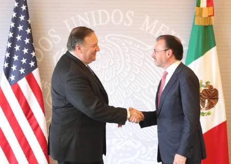 July 13, 2018 - EUM20180713NAC44.JPG .CIUDAD DE MEXICO. MeetingReunion-Mexico-Pompeo.- Mike Pompeo, secretario de Estado de Estados Unidos, y Luis Videgaray, secretario de Relaciones Exteriores, ofrecen mensaje a medio luego de su reunion, este viernes 13 de julio de 2018 en la Secretaria de Relaciones Exteriores. Foto: Agencia EL UNIVERSALAriel OjedaEELG Copyright: xElxUniversalx