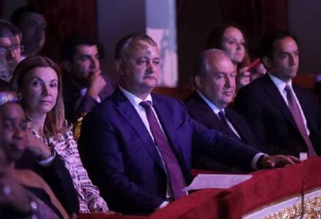 MOSCOW, RUSSIA - JULY 14, 2018: Moldova s President Igor Dodon (Ã‘) attends a gala concert of world opera stars held ahead of the 2018 FIFA World Cup Final match. Mikhail Metzel TASS  TS0896AF