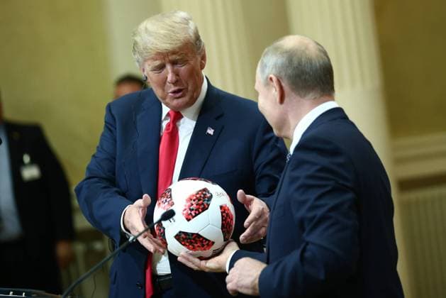 HELSINKI, FINLAND â€“ JULY 16, 2018: US President Donald Trump (L) and Russia s President Vladimir Putin give a joint news conference following their meeting at the Presidential Palace. Valery Sharifulin TASS  TS089D4A