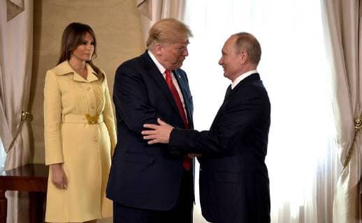 July 16, 2018 - Moscow, Russia - Russian President Vladimir Putin, right, greets U.S. President Donald Trump as First Lady Melania Trump looks on at the start of a Summit Meeting between the two nations at the Presidential Palace July 16, 2018 in Helsinki, Finland. Moscow Russia - ZUMAp138 20180716_zaa_p138_001 Copyright: xKremlinxPoolx