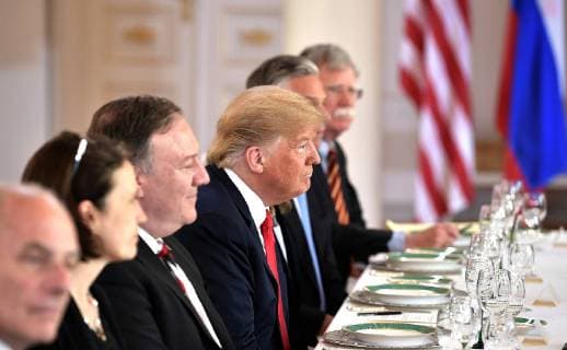 July 16, 2018 - Moscow, Russia - U.S. President Donald Trump sits across from Russian President Vladimir Putin during the full delegation meeting at the U.S. - Russia Summit Meeting at the Presidential Palace July 16, 2018 in Helsinki, Finland. Moscow Russia - ZUMAp138 20180716_zaa_p138_007 Copyright: xKremlinxPoolx