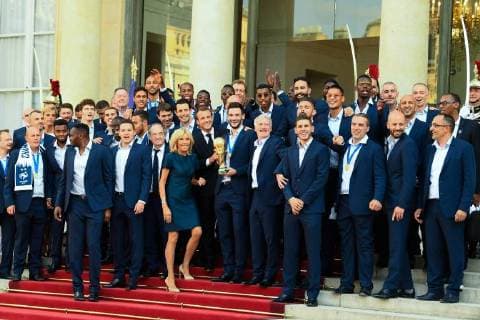 Arrivals at the reception at the Elysee in honor of the French football team World Champion 2018 Didier Deschamps (Coach of the France football team);Noël Le Graët;Hugo Lloris;Emmanuel Macron;Brigitte Macron Paris France  592627