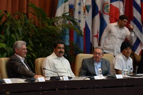 (180718) -- HAVANA, July 18, 2018 -- (From L to R) Cuban President Miguel Diaz-Canel, Venezuelan President Nicolas Maduro, the first secretary of the Central Committee of the Communist Party of Cuba Raul Castro and Bolivian President Evo Morales react during the final day of the Sao Paulo Forum, held in Havana s Conventions Palace, Cuba, on July 17, 2018. The annual meeting of the Sao Paulo Forum aims to build consensus on the future action for the left-wing political parties and organizations in Latin America. ) (cr) (da) (ly) CUBA-HAVANA-SAO PAULO FORUM JoaquinxHernandez 