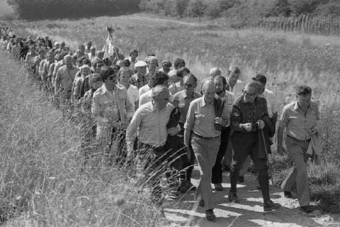 Bundespraesident Karl CARSTENS, (2.v.l.), und der Rheinland-Pfaelzische Ministerpraesident Bernhard VOGEL (2.v.r.) bei einer Moselwanderung in der Naehe von Schweich, fuehren eine Wandergruppe an, Natur, Wanderung, Wandern, *** Federal President Karl CARSTENS 2 v l and the Rhineland Pfaelzische Ministerpraesident Bernhard VOGEL 2 v r on a Moselle hike near Schweich, a hiking group leads nature hikes Hiking