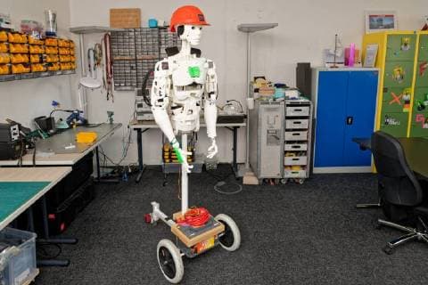 Pressefrühstück zum Gründerpreis 2017 beim Startup IOX LAB. Im Bild ein von dem Startup gebauter menschenähnlicher Roboter. Das Neu-Unternehmen befasst sich mit der Entwicklung von intelligenten Produkten auf Basis des Internets der Dinge. NRW-Wirtschafts- und Digitalminister Prof. Dr. Andreas Pinkwart besuchte das Startup zusammen mit dem NRW.Bank-Vorsitzenden Eckhard Forst und Prof. Dr. Christine Volkmann, UNESCO-Lehrstuhlinhaberin für Entrepreneurship der Bergischen Universität Wuppertal und Jury-Vorsitzende des Gründerpreises NRW. Düsseldorf Nordrhein-Westfalen Deutschland