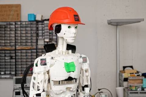 Pressefrühstück zum Gründerpreis 2017 beim Startup IOX LAB. Im Bild ein Portrait eines von dem Startup gebauten menschenähnlichen Roboters. Das Neu-Unternehmen befasst sich mit der Entwicklung von intelligenten Produkten auf Basis des Internets der Dinge. NRW-Wirtschafts- und Digitalminister Prof. Dr. Andreas Pinkwart besuchte das Startup zusammen mit dem NRW.Bank-Vorsitzenden Eckhard Forst und Prof. Dr. Christine Volkmann, UNESCO-Lehrstuhlinhaberin für Entrepreneurship der Bergischen Universität Wuppertal und Jury-Vorsitzende des Gründerpreises NRW. Düsseldorf Nordrhein-Westfalen Deutschland